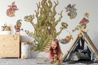 Autocollant mural 80x83 Créatures de la forêt et cabane dans les arbres aux couleurs pastel