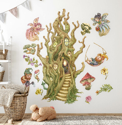 Autocollant mural 80x106 Créatures de la forêt et cabanes dans les arbres aux couleurs pastel