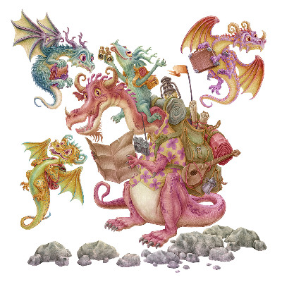 Autocollant mural 80x107 Dragons de contes de fées aux tons pastel