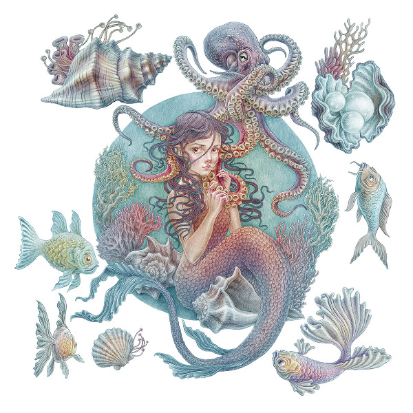 Autocollant mural 80x89 Une sirène dans un style de dessin pastel