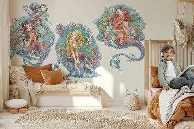 Autocollant mural 80x102 Contes de fées sous-marins avec des petites sirènes aux couleurs pastel