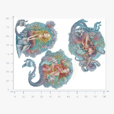 Autocollant mural 80x102 Contes de fées sous-marins avec des petites sirènes aux couleurs pastel