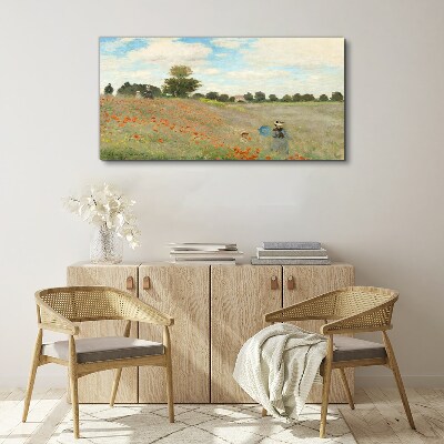 Tableau imprimé sur toile Champs de coquelicots sous le soleil d'été