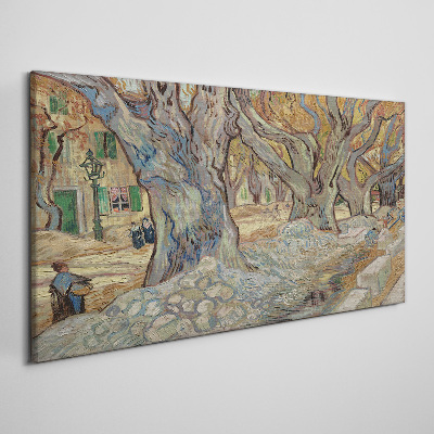 Tableau toile imprimée Une rue bordée d'arbres sous le soleil printanier