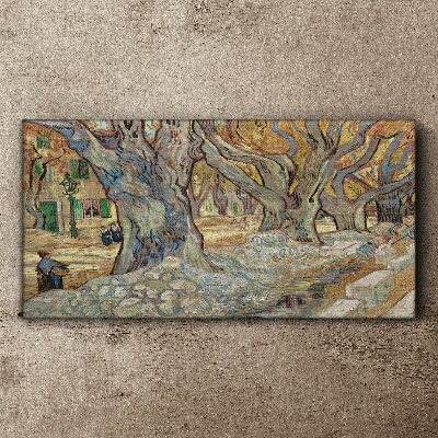 Tableau toile imprimée Une rue bordée d'arbres sous le soleil printanier