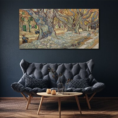 Tableau toile imprimée Une rue bordée d'arbres sous le soleil printanier
