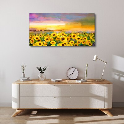 Tableau imprimé sur toile Tournesols dans les rayons du soleil couchant