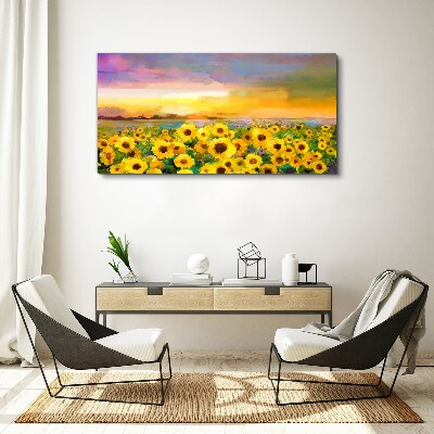Tableau imprimé sur toile Tournesols dans les rayons du soleil couchant
