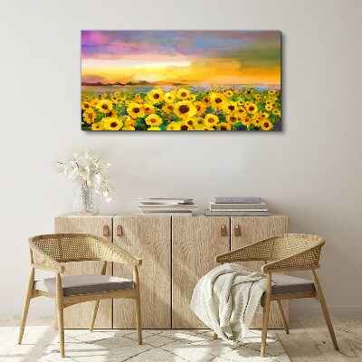 Tableau imprimé sur toile Tournesols dans les rayons du soleil couchant