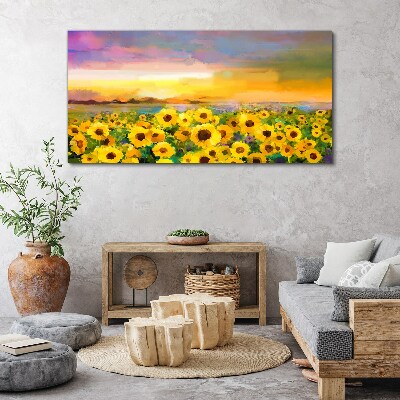 Tableau imprimé sur toile Tournesols dans les rayons du soleil couchant