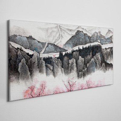 Tableau sur toile Un paysage de montagne paisible avec des fleurs