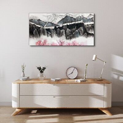 Tableau sur toile Un paysage de montagne paisible avec des fleurs