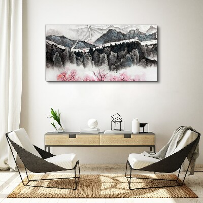 Tableau sur toile Un paysage de montagne paisible avec des fleurs