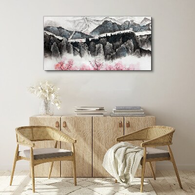 Tableau sur toile Un paysage de montagne paisible avec des fleurs