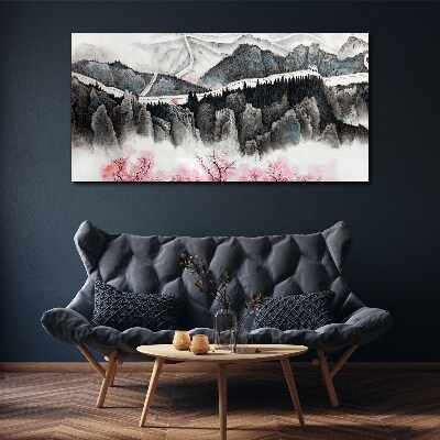 Tableau sur toile Un paysage de montagne paisible avec des fleurs