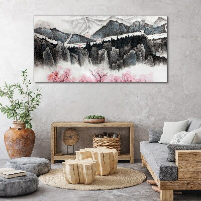 Tableau sur toile Un paysage de montagne paisible avec des fleurs