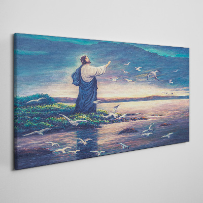 Tableau toile imprimée Jésus sur le rivage avec des oiseaux
