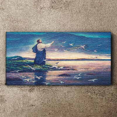 Tableau toile imprimée Jésus sur le rivage avec des oiseaux