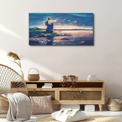 Tableau toile imprimée Jésus sur le rivage avec des oiseaux