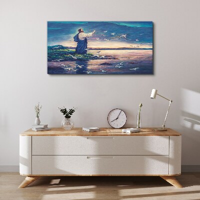Tableau toile imprimée Jésus sur le rivage avec des oiseaux