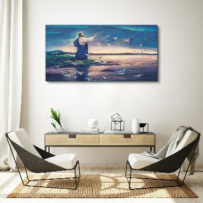 Tableau toile imprimée Jésus sur le rivage avec des oiseaux