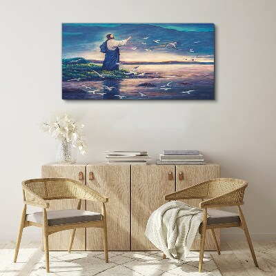 Tableau toile imprimée Jésus sur le rivage avec des oiseaux