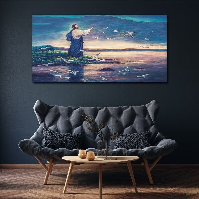 Tableau toile imprimée Jésus sur le rivage avec des oiseaux