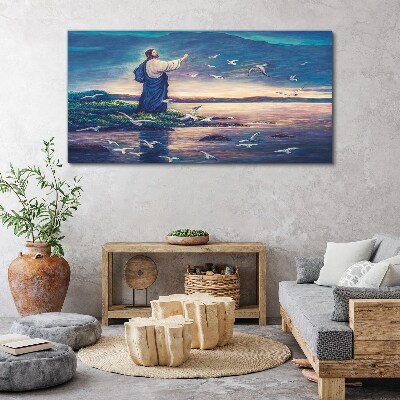 Tableau toile imprimée Jésus sur le rivage avec des oiseaux