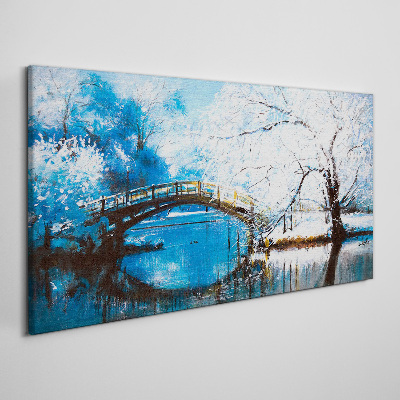 Tableau sur toile Pont d'hiver dans un paysage bleu