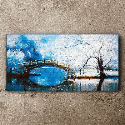 Tableau sur toile Pont d'hiver dans un paysage bleu