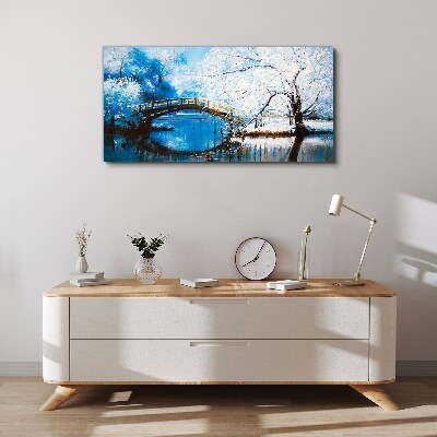 Tableau sur toile Pont d'hiver dans un paysage bleu