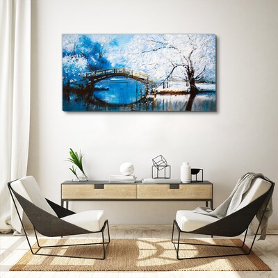 Tableau sur toile Pont d'hiver dans un paysage bleu