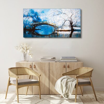 Tableau sur toile Pont d'hiver dans un paysage bleu