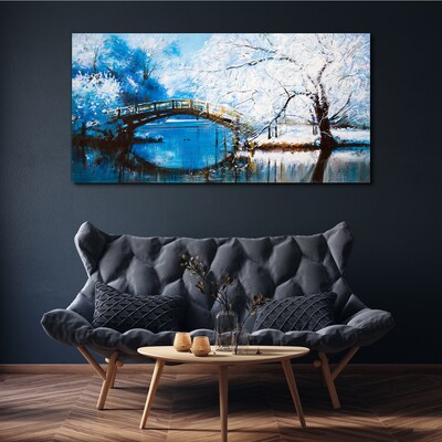 Tableau sur toile Pont d'hiver dans un paysage bleu