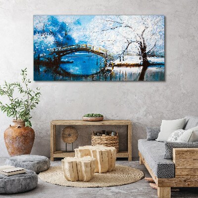 Tableau sur toile Pont d'hiver dans un paysage bleu