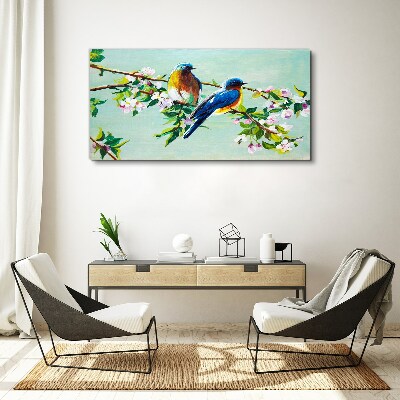 Tableau toile imprimée Oiseaux sur une branche en fleurs