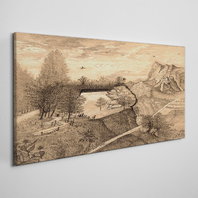 Tableau sur toile Paysage avec un pont et des arbres