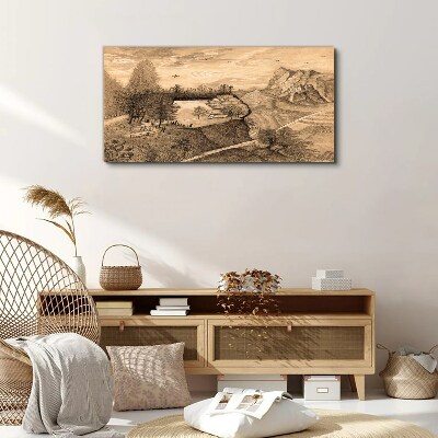 Tableau sur toile Paysage avec un pont et des arbres