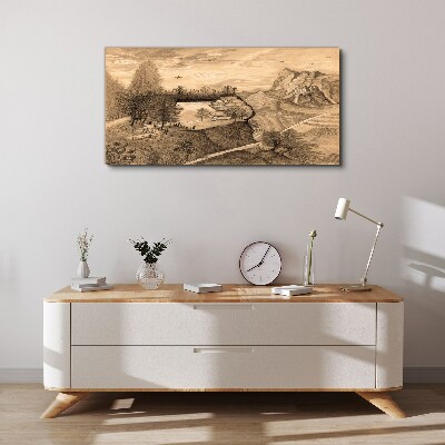 Tableau sur toile Paysage avec un pont et des arbres
