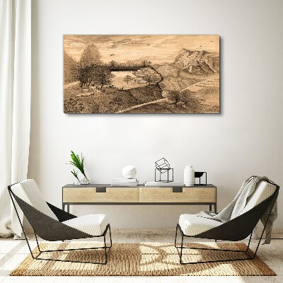 Tableau sur toile Paysage avec un pont et des arbres