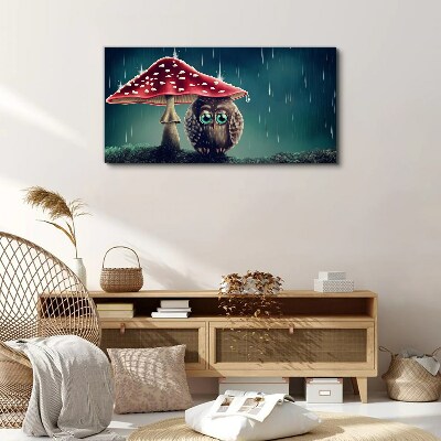 Tableau sur toile Un hibou sous un champignon sous la pluie