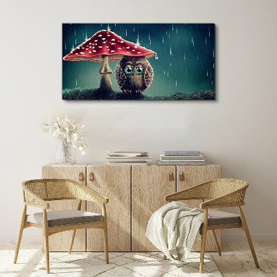 Tableau sur toile Un hibou sous un champignon sous la pluie