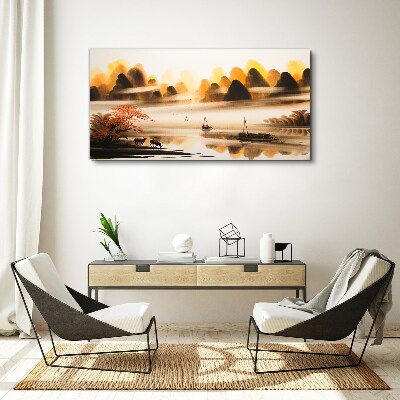 Tableau toile imprimée Un paysage paisible avec des montagnes et de l'eau