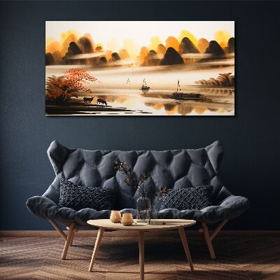 Tableau toile imprimée Un paysage paisible avec des montagnes et de l'eau