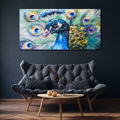 Tableau imprimé sur toile Un paon coloré parmi les plumes