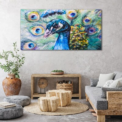 Tableau imprimé sur toile Un paon coloré parmi les plumes