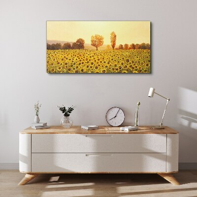Tableau toile imprimée Champ de tournesols au soleil couchant