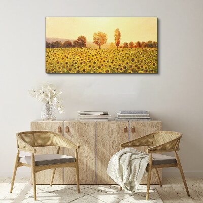 Tableau toile imprimée Champ de tournesols au soleil couchant