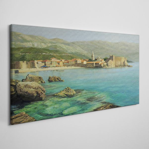 Tableau toile imprimée Paysage de bord de mer avec des collines de montagne