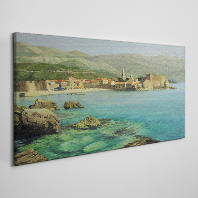 Tableau toile imprimée Paysage de bord de mer avec des collines de montagne